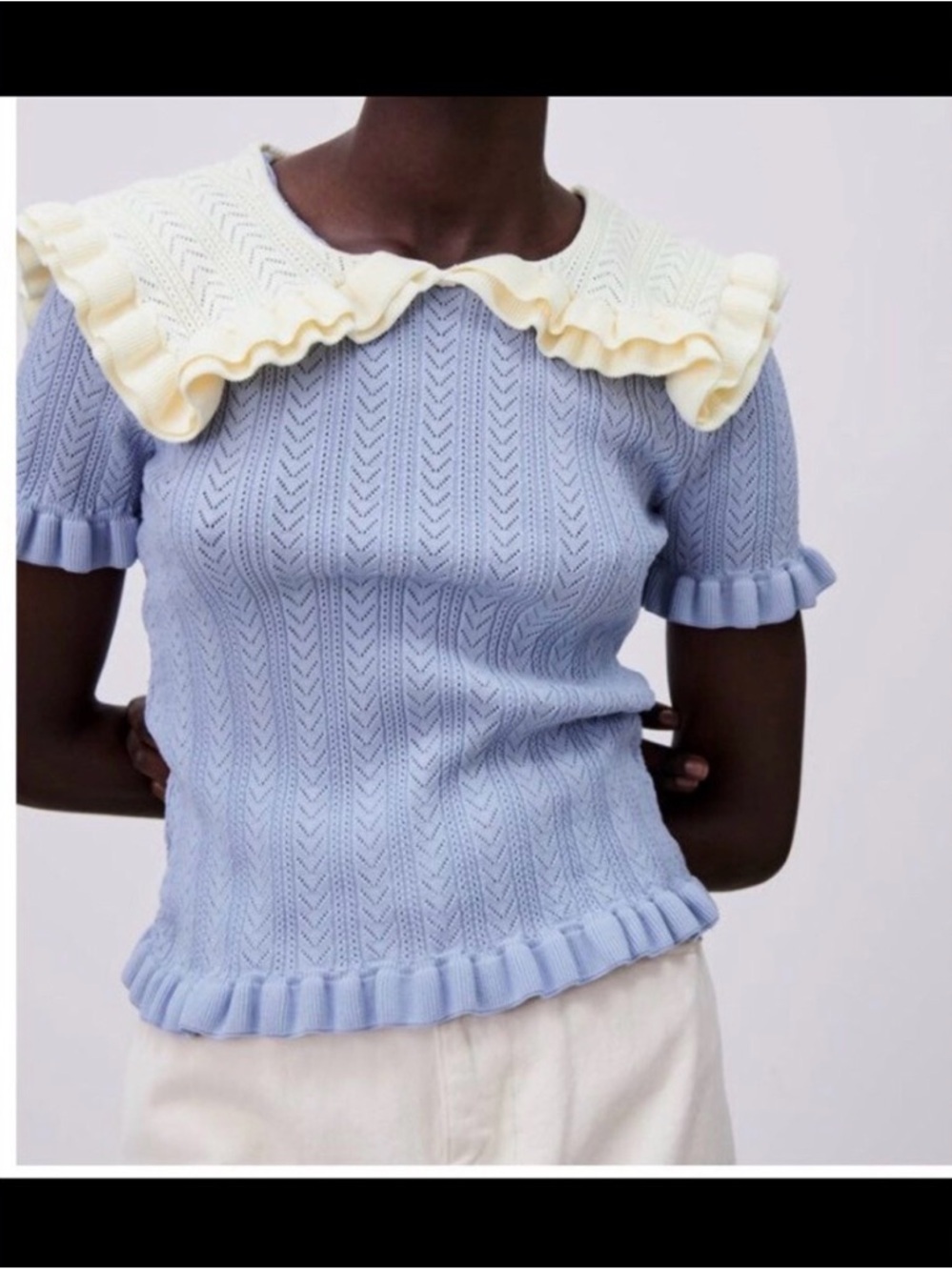 Zara Light Blue Knit Top with Cream Ruffle Trim